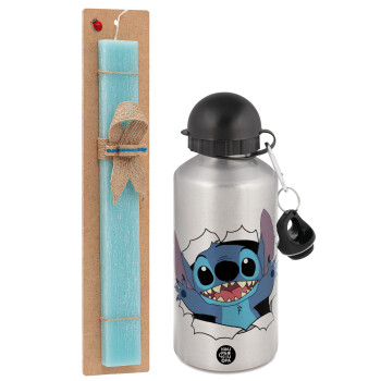 Stitch hello!!!, Easter Set, metallic silver aluminum water bottle (500ml) & scented flat Easter candle (30cm) (TURQUOISE)