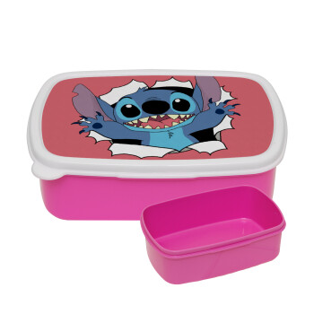 Stitch hello!!!, ΡΟΖ παιδικό δοχείο φαγητού (lunchbox) πλαστικό (BPA-FREE) Lunch Βox M18 x Π13 x Υ6cm