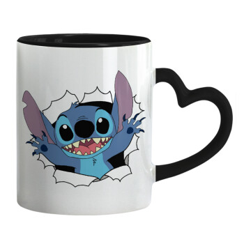 Stitch hello!!!, Mug heart black handle, ceramic, 330ml