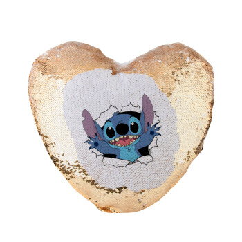 Stitch hello!!!, Μαξιλάρι καναπέ καρδιά Μαγικό Χρυσό με πούλιες 40x40cm περιέχεται το  γέμισμα