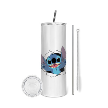 Stitch hello!!!, Eco friendly ποτήρι θερμό (tumbler) από ανοξείδωτο ατσάλι 600ml, με μεταλλικό καλαμάκι & βούρτσα καθαρισμού