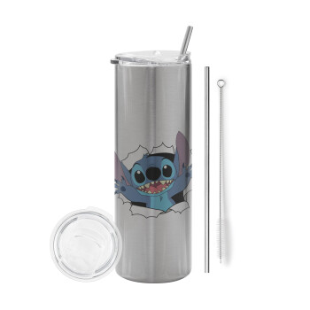 Stitch hello!!!, Eco friendly stainless steel Silver tumbler 600ml, with metal straw & cleaning brush