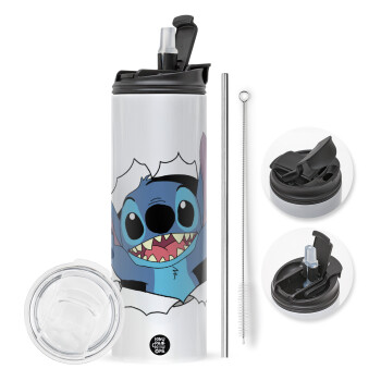 Stitch hello!!!, Travel Tumbler θερμό με διπλό καπάκι, μεταλλικό καλαμάκι και βούρτσα καθαρισμού (Ανωξείδωτο 304 Food grade, BPA free, 600ml)