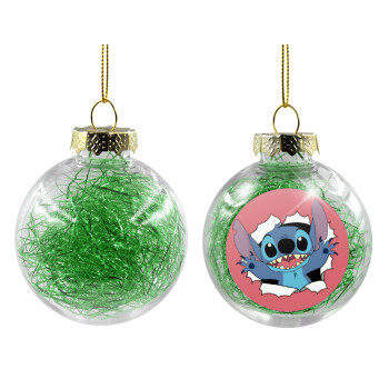 Stitch hello!!!, Transparent Christmas tree ball ornament with green filling 8cm