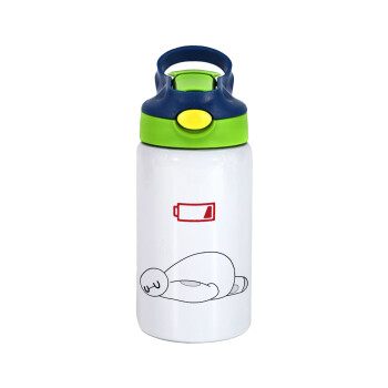 Baymax battery low, Children's hot water bottle, stainless steel, with safety straw, green, blue (350ml)