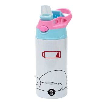 Baymax battery low, Children's hot water bottle, stainless steel, with safety straw, Pink/BlueCiel (360ml) BPA FREE