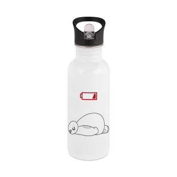Baymax battery low, White water bottle with straw, stainless steel 600ml