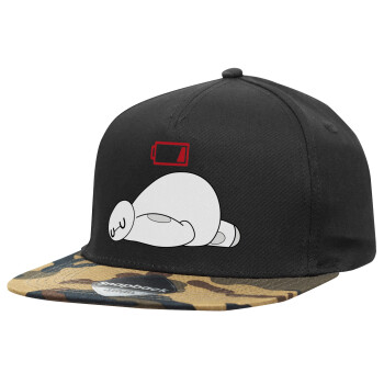 Baymax battery low, Adult Flat Snapback Hat Black/Camouflage, (100% COTTON TWILL, ADULT, UNISEX, ONE SIZE)