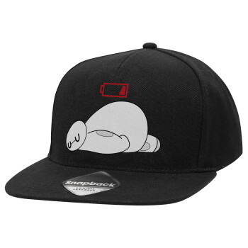 Baymax battery low, Adult Flat Snapback Hat Black, (100% COTTON TWILL, ADULT, UNISEX, ONE SIZE)