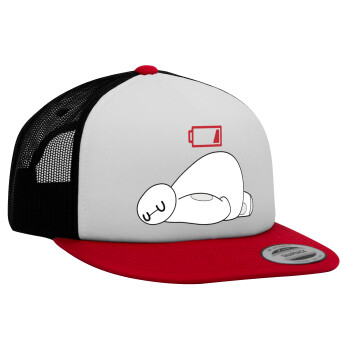 Baymax battery low, Adult Foam Flat Snapback with Mesh Red-White-Black (POLYESTER, ADULT, UNISEX, ONE SIZE)