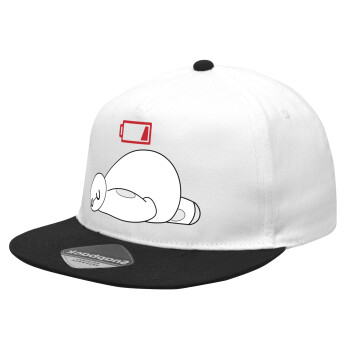 Baymax battery low, Καπέλο Ενηλίκων Flat Snapback Λευκό/Μαύρο, (100% ΒΑΜΒΑΚΕΡΟ Twill, ΕΝΗΛΙΚΩΝ, UNISEX, ONE SIZE)