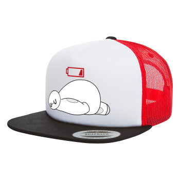 Baymax battery low, Adult Foam Flat Snapback with Mesh Black-White-Red (POLYESTER, ADULT, UNISEX, ONE SIZE)