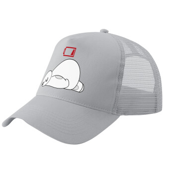 Baymax battery low, Adult Structured Trucker Hat, with Mesh, GRAY (100% COTTON, ADULT, UNISEX, ONE SIZE)