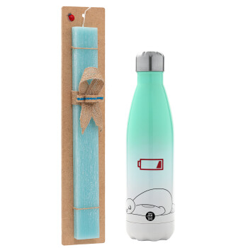 Baymax battery low, Easter Set, Metallic green/white thermos (Stainless steel), double-walled, 500ml & scented flat Easter candle (30cm) (TURQUOISE)