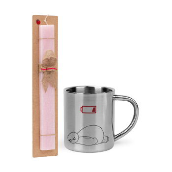 Baymax battery low, Easter Set, metallic thermal cup (300ml) & aromatic flat Easter candle (30cm) (PINK)