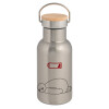 Stainless steel metallic thermos flask, silver with a bamboo lid, double-walled, 350ml.