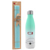 Easter Set, Metallic green/white thermos (Stainless steel), double-walled, 500ml & scented flat Easter candle (30cm) (TURQUOISE)