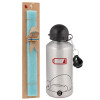 Easter Set, metallic silver aluminum water bottle (500ml) & scented flat Easter candle (30cm) (TURQUOISE)