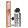 Easter Set, metallic Silver aluminum water bottle (500ml) & scented flat Easter candle (30cm) (PINK)