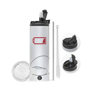 Baymax battery low, Travel Tumbler θερμό με διπλό καπάκι, μεταλλικό καλαμάκι και βούρτσα καθαρισμού (Ανωξείδωτο 304 Food grade, BPA free, 600ml)