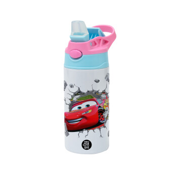 Brick McQueen, Children's hot water bottle, stainless steel, with safety straw, Pink/BlueCiel (360ml) BPA FREE