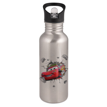 Brick McQueen, Water bottle Silver with straw, stainless steel 600ml