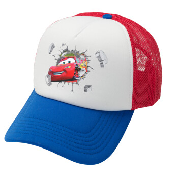 Brick McQueen, Adult Soft Trucker Hat with Red/Blue/White Mesh (POLYESTER, ADULT, UNISEX, ONE SIZE)