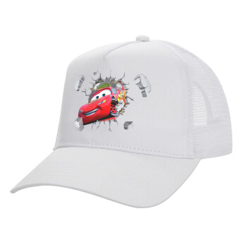 Brick McQueen, Structured Trucker Adult Hat, with Mesh, WHITE (100% COTTON, ADULT, UNISEX, ONE SIZE)