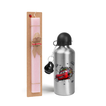 Brick McQueen, Easter Set, metallic Silver aluminum water bottle (500ml) & scented flat Easter candle (30cm) (PINK)