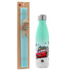 Easter Set, Metallic green/white thermos (Stainless steel), double-walled, 500ml & scented flat Easter candle (30cm) (TURQUOISE)