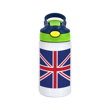 UK Flag, Children's hot water bottle, stainless steel, with safety straw, green, blue (350ml)