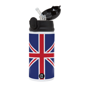 UK Flag, Children's hot water bottle, stainless steel, with safety straw, Black (360ml) BPA-FREE