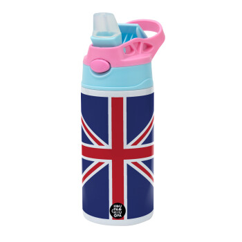 UK Flag, Children's hot water bottle, stainless steel, with safety straw, Pink/BlueCiel (360ml) BPA FREE