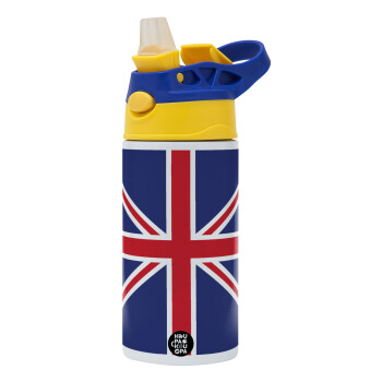 UK Flag, Children's hot water bottle, stainless steel, with safety straw, green, blue (360ml) BPA FREE