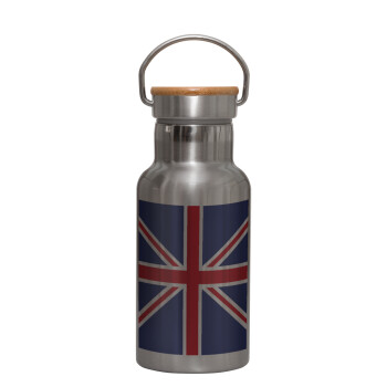 UK Flag, Μεταλλικό παγούρι θερμός (Stainless steel) Ασημένιο με ξύλινο καπακι (bamboo), διπλού τοιχώματος, 350ml
