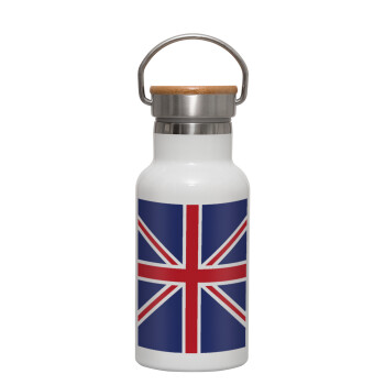 UK Flag, Metallic thermos (Stainless steel) White with wooden lid (bamboo), double-walled, 350ml