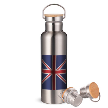 UK Flag, Stainless steel Silver with wooden lid (bamboo), double wall, 750ml