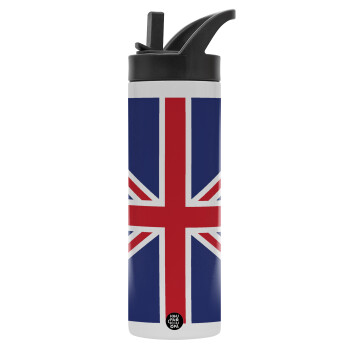 Σημαία Αγγλίας UK, Μεταλλικό παγούρι θερμός με καλαμάκι & χειρολαβή, ανοξείδωτο ατσάλι (Stainless steel 304), διπλού τοιχώματος, 600ml