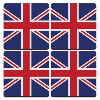 UK Flag, ΣΕΤ 4 Σουβέρ ξύλινα τετράγωνα (9cm)