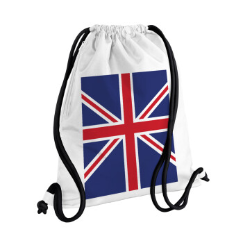 UK Flag, Τσάντα πλάτης πουγκί GYMBAG λευκή, με τσέπη (40x48cm) & χονδρά κορδόνια