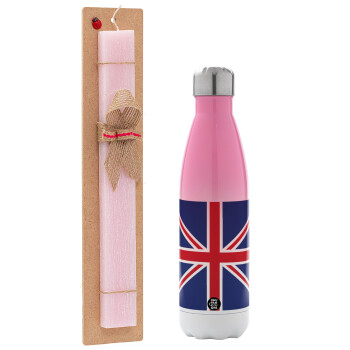 UK Flag, Easter Set, Metallic pink/white (Stainless steel) thermos, double-walled, 500ml & aromatic flat Easter candle (30cm) (PINK)