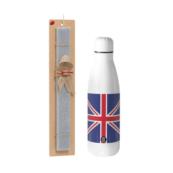 Σημαία Αγγλίας UK, Πασχαλινό Σετ, μεταλλικό παγούρι θερμός ανοξείδωτο (500ml) & πασχαλινή λαμπάδα αρωματική πλακέ (30cm) (ΓΚΡΙ)