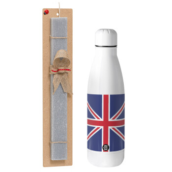 UK Flag, Easter Set, metallic Inox water bottle (700ml) & Easter scented flat candle (30cm) (GRAY)