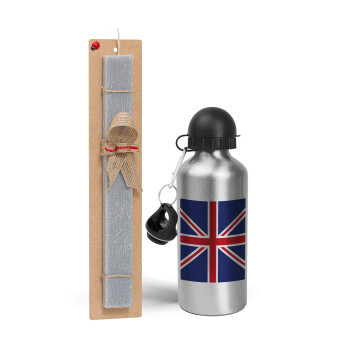 UK Flag, Easter Set, metallic silver aluminum water bottle (500ml) & aromatic flat Easter candle (30cm) (GRAY)