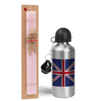 UK Flag, Easter Set, metallic Silver aluminum water bottle (500ml) & scented flat Easter candle (30cm) (PINK)