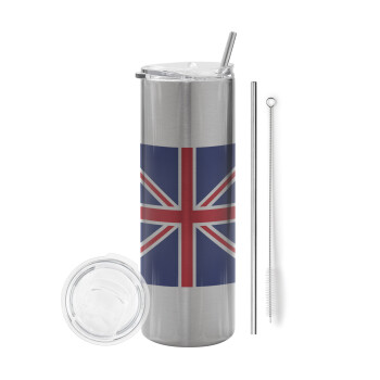 UK Flag, Tumbler stainless steel Silver 600ml, with metal straw & cleaning brush