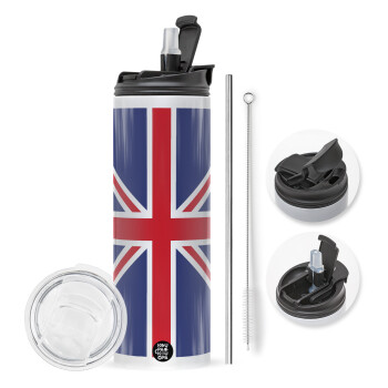 Σημαία Αγγλίας UK, Travel Tumbler θερμό με διπλό καπάκι, μεταλλικό καλαμάκι και βούρτσα καθαρισμού (Ανωξείδωτο 304 Food grade, BPA free, 600ml)