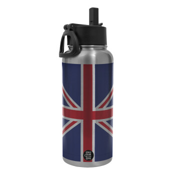 UK Flag, Metal mug thermo Silver with Straw and Spout Lid (Stainless steel), double wall, 950ml