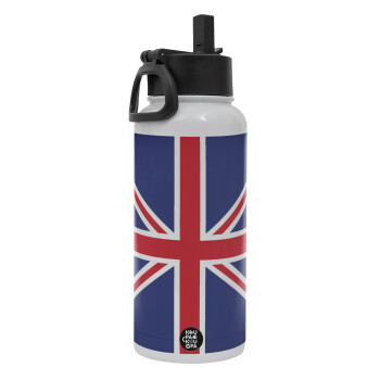 UK Flag, Metal mug thermo White with Straw and Spout Lid (Stainless steel), double wall, 950ml