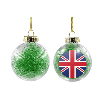 UK Flag, Transparent Christmas tree ball ornament with green filling 8cm